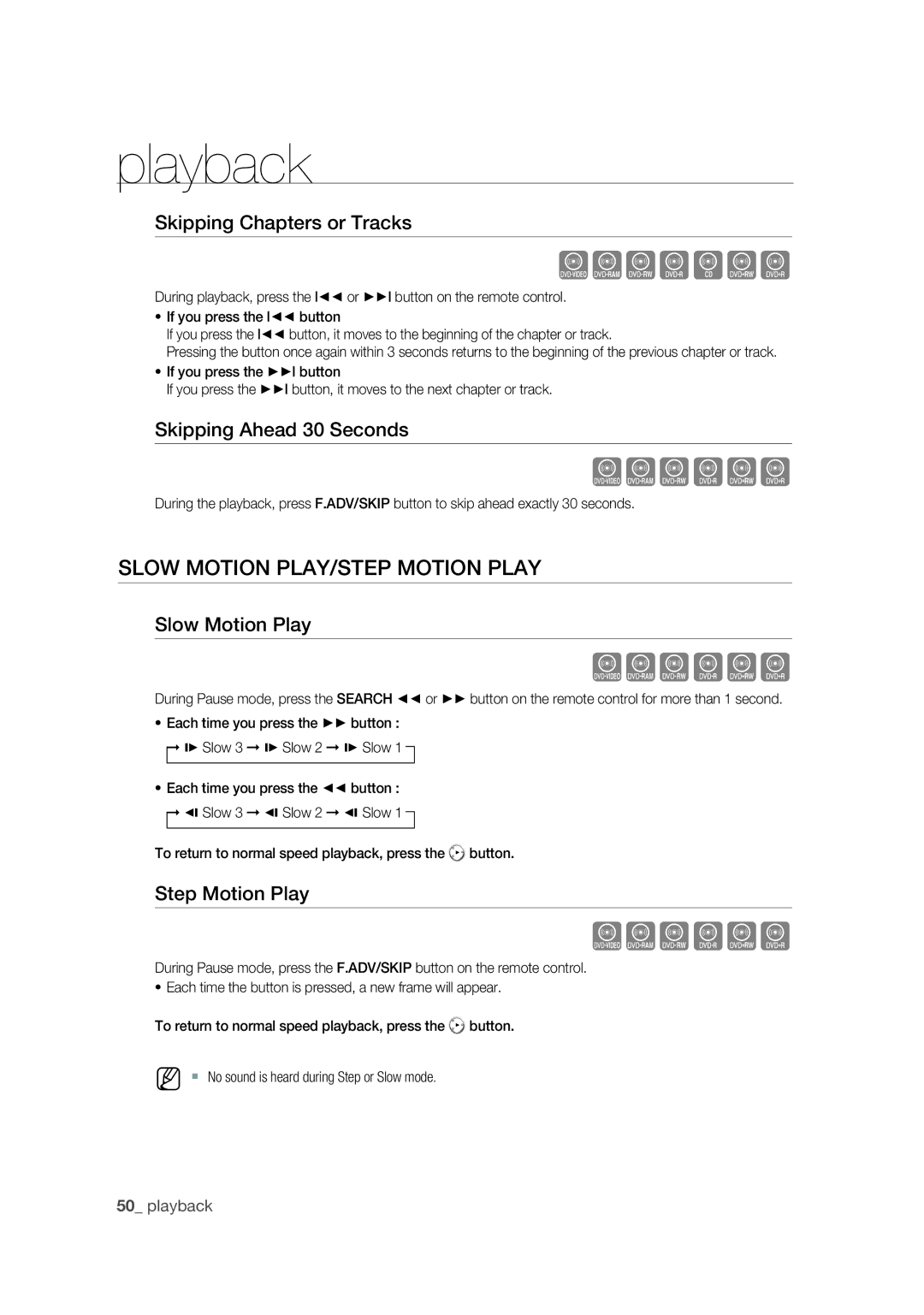 Samsung DVD-VR375 user manual Slow Motion PLAY/STEP Motion Play, Skipping Chapters or Tracks, Skipping Ahead 30 Seconds 