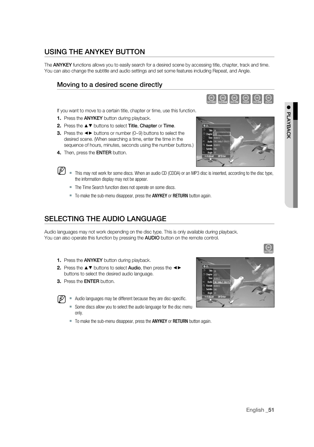 Samsung DVD-VR375 user manual Using the Anykey Button, Selecting the Audio Language, Moving to a desired scene directly 