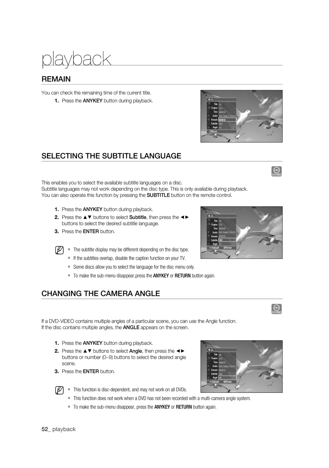 Samsung DVD-VR375 user manual Remain, Selecting the Subtitle Language, Changing the Camera Angle 