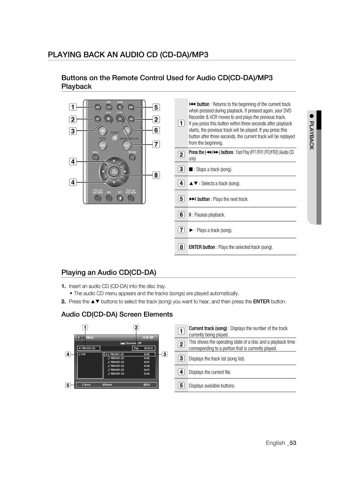 Samsung DVD-VR375 Playing Back AN Audio CD CD-DA/MP3, Playing an Audio CDCD-DA, Audio CDCD-DA Screen Elements, Music 