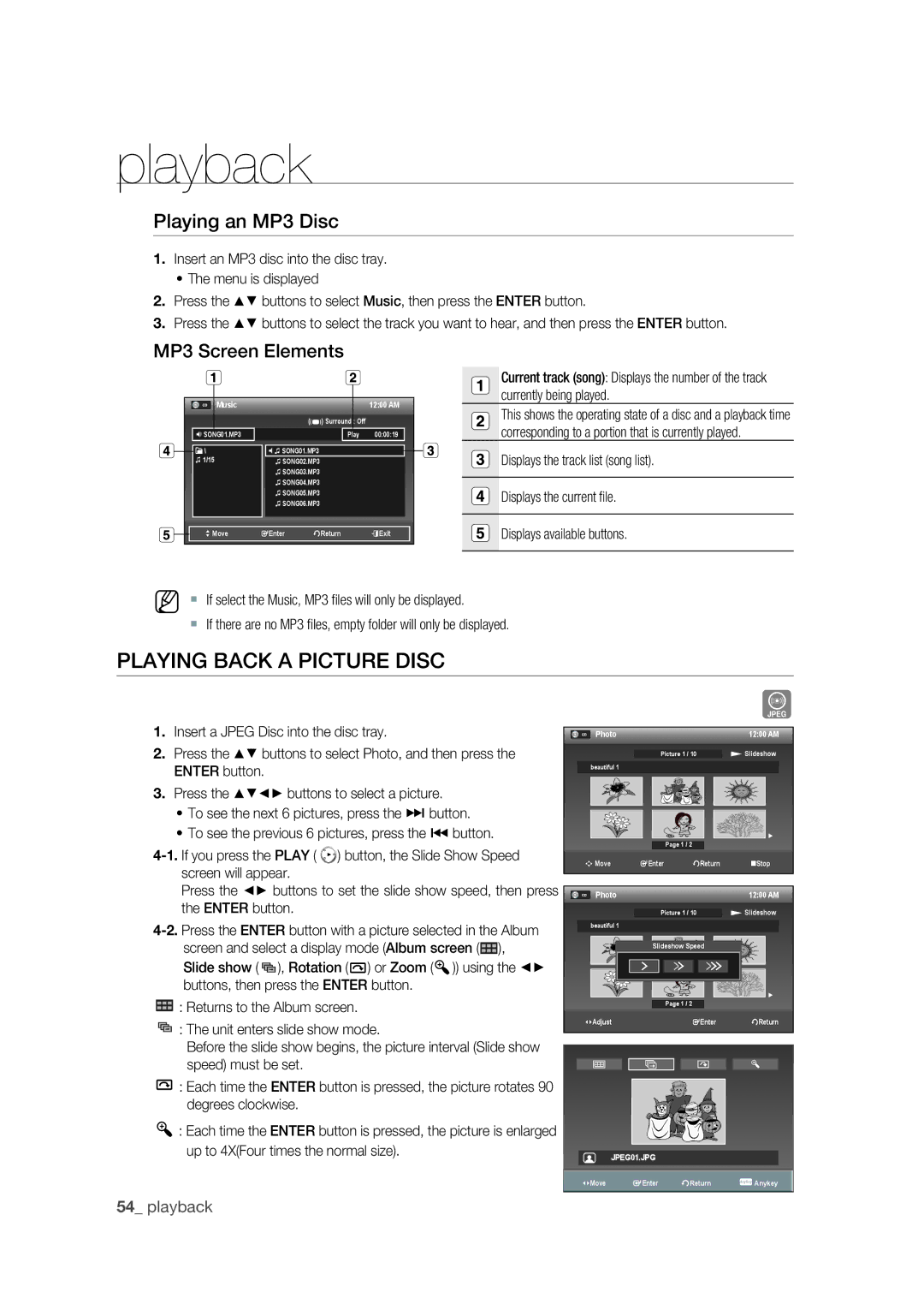 Samsung DVD-VR375 user manual Playing Back a Picture Disc, Playing an MP3 Disc, MP3 Screen Elements 