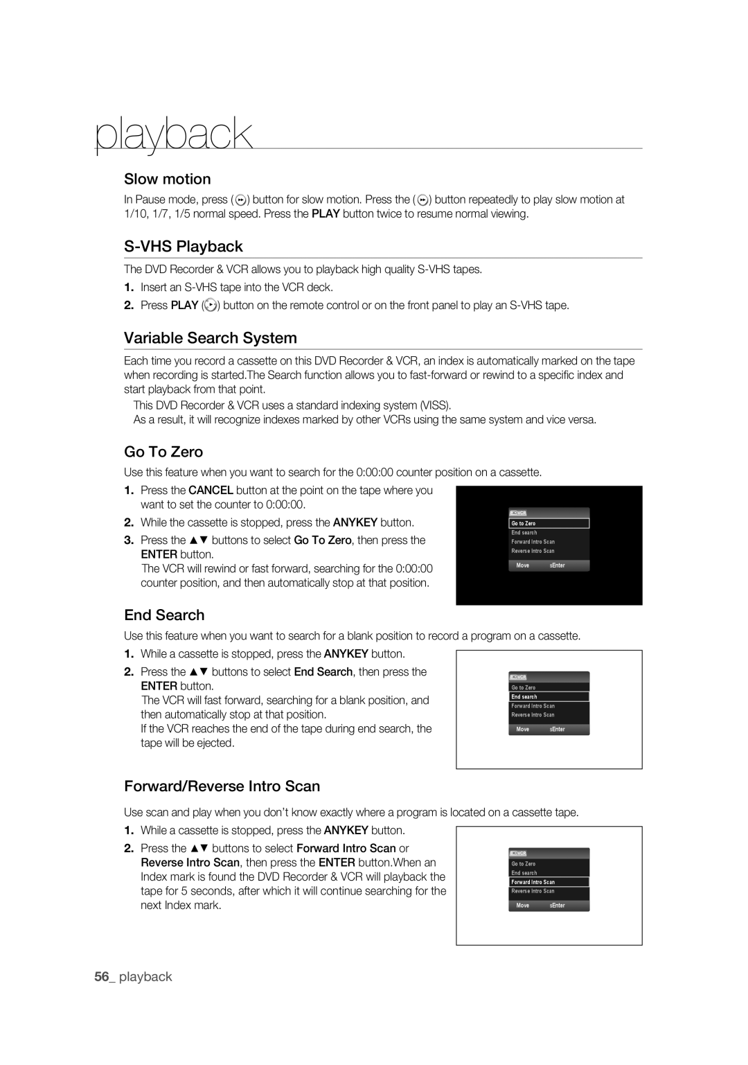 Samsung DVD-VR375 user manual VHS Playback, Variable Search System 