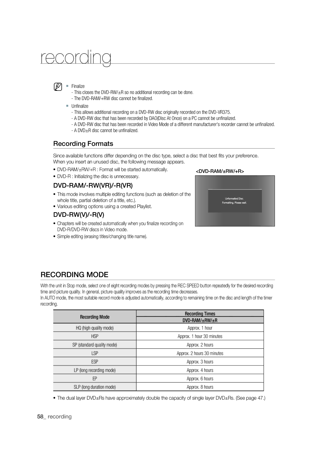 Samsung DVD-VR375 user manual Recording Mode, Recording Formats, DVD±R disc cannot be unﬁnalized 