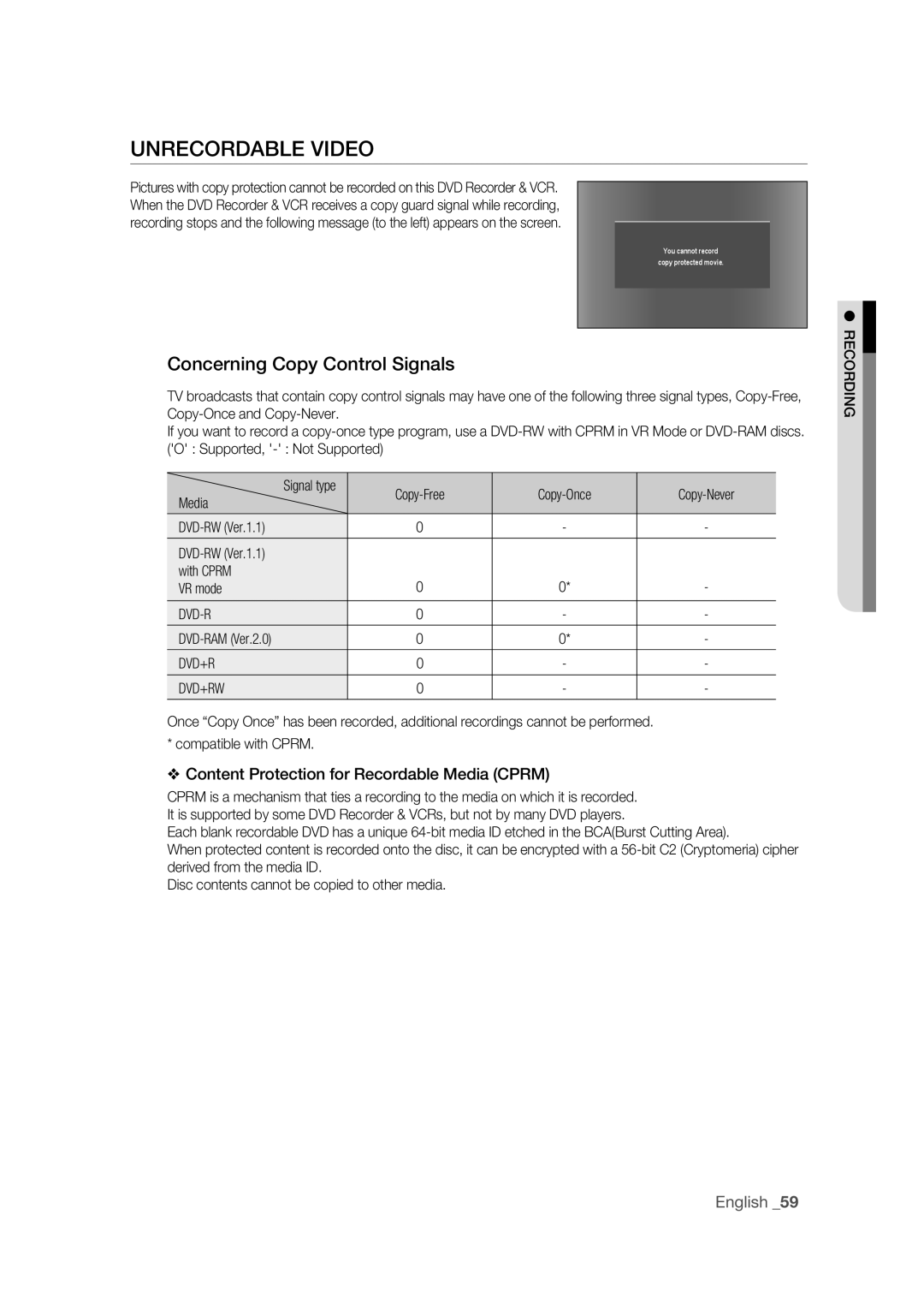 Samsung DVD-VR375 user manual Unrecordable Video, Concerning Copy Control Signals, Dvd-R, Dvd+R Dvd+Rw 