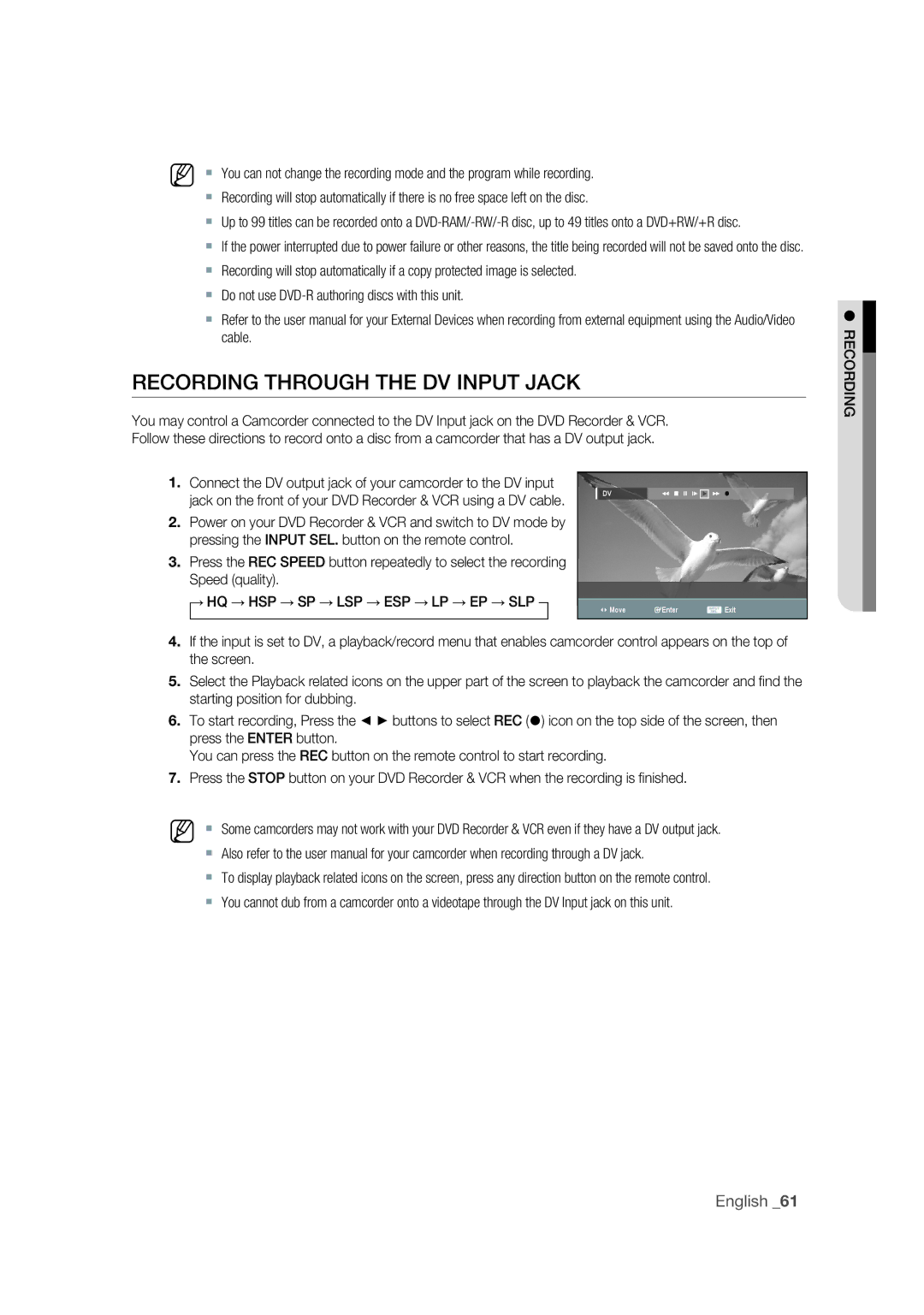 Samsung DVD-VR375 user manual Recording Through the DV Input Jack 