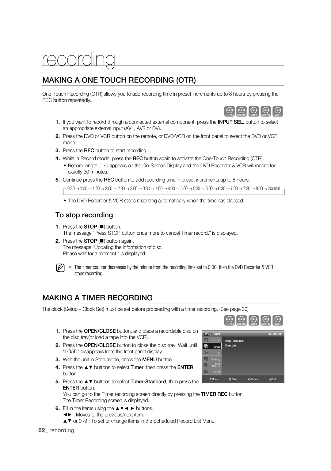 Samsung DVD-VR375 user manual Making a ONE Touch Recording OTR, Making a Timer Recording, To stop recording 