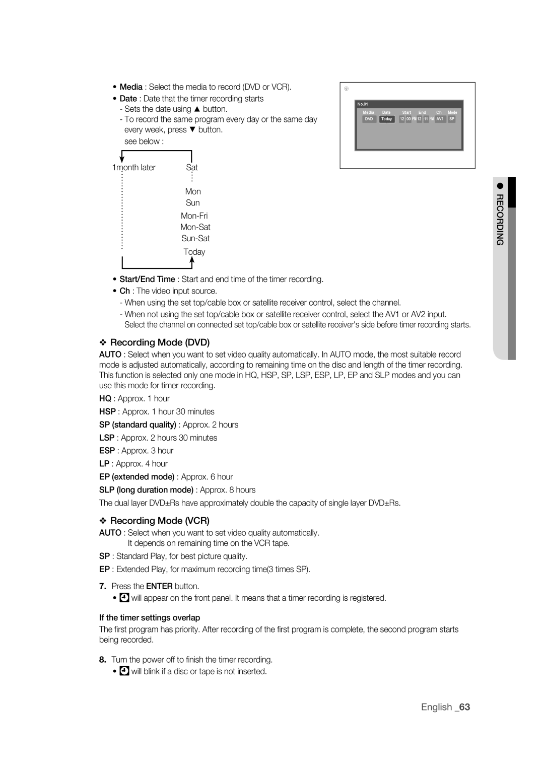 Samsung DVD-VR375 user manual Recording Mode DVD, Mon Sun Mon-Fri Mon-Sat Sun-Sat Today 