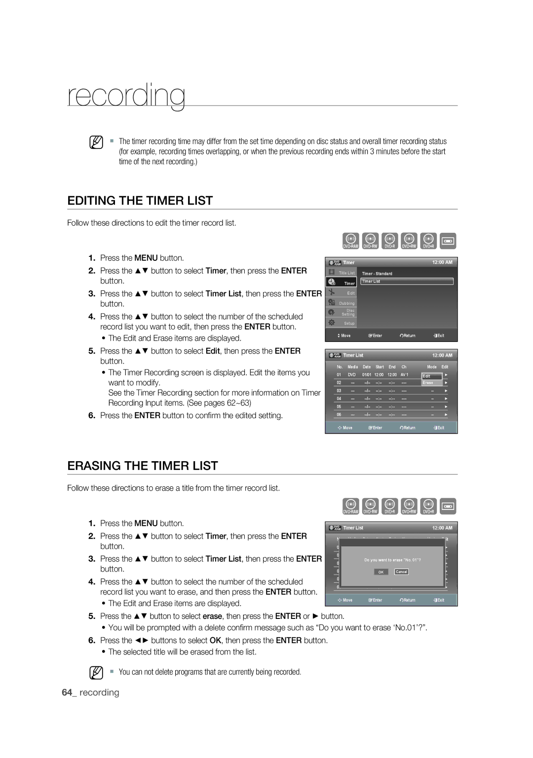 Samsung DVD-VR375 user manual Editing the Timer List, Erasing the Timer List, Press the Menu button, Want to modify 