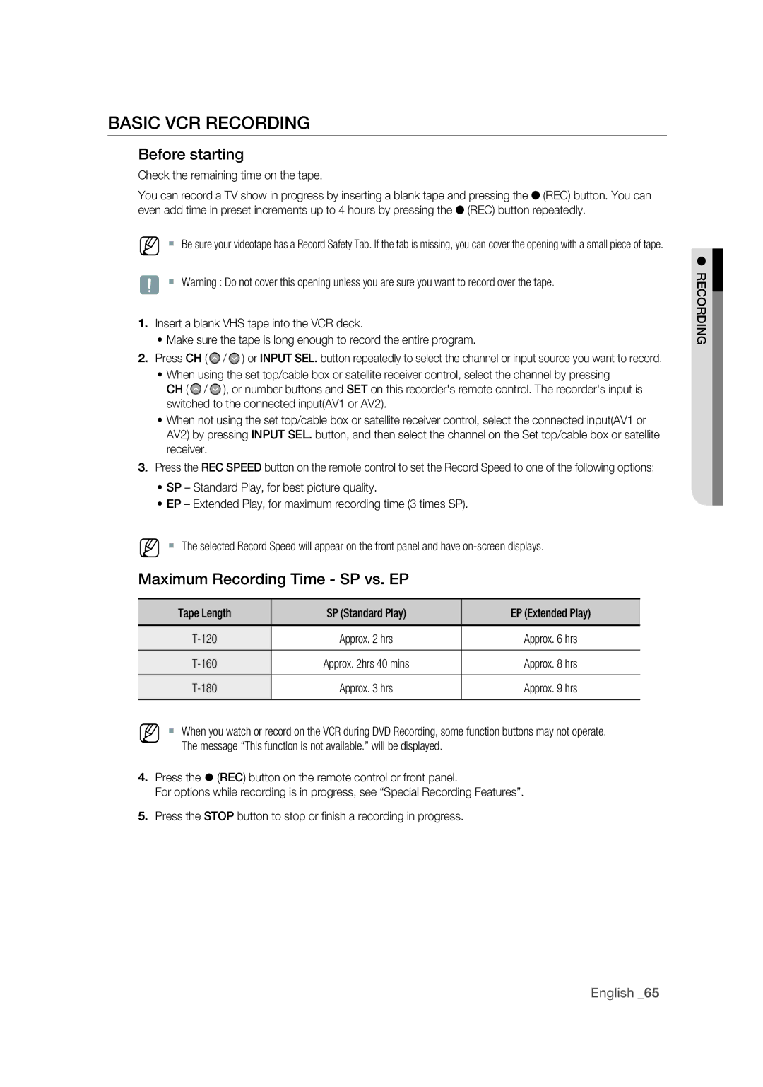 Samsung DVD-VR375 user manual Basic VCR Recording, Before starting, Maximum Recording Time SP vs. EP 