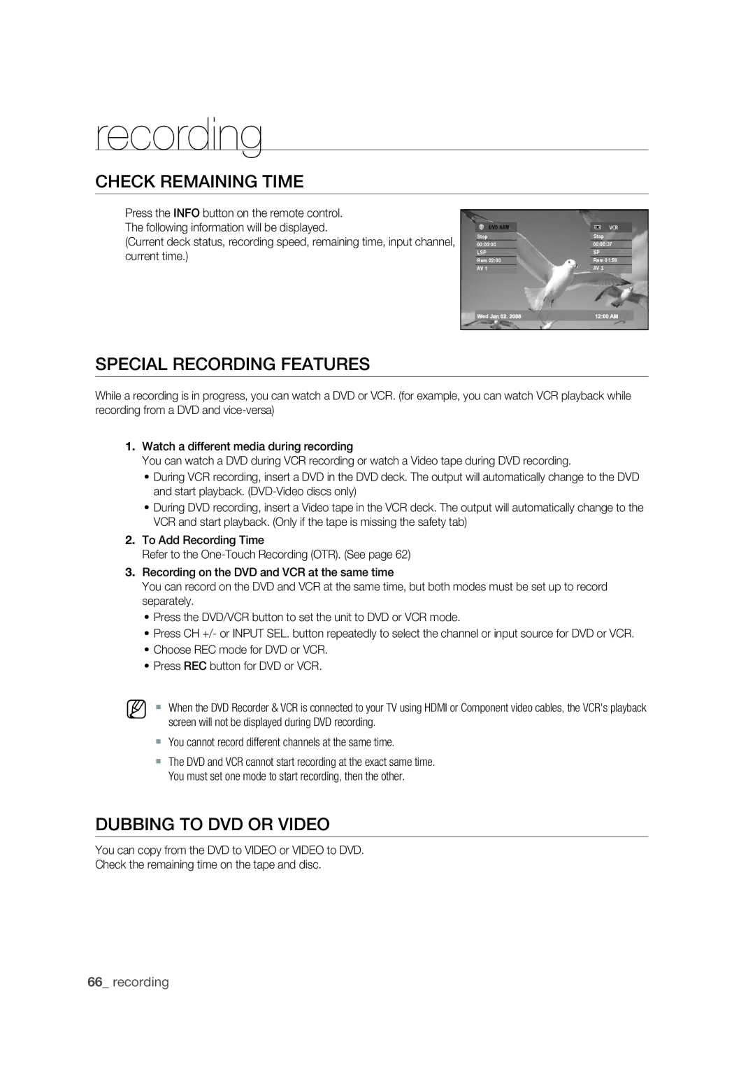 Samsung DVD-VR375 user manual Check Remaining Time, Special Recording Features, Dubbing to DVD or Video 