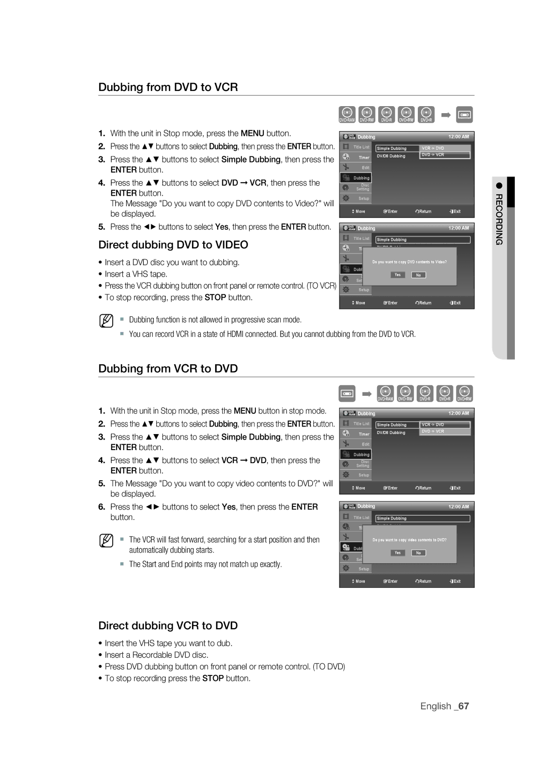 Samsung DVD-VR375 user manual Dubbing from VCR to DVD, Direct dubbing VCR to DVD 