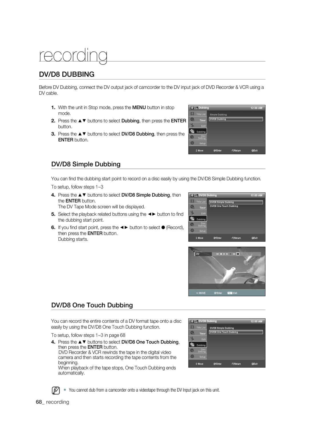 Samsung DVD-VR375 user manual DV/D8 Dubbing, DV/D8 Simple Dubbing, DV/D8 One Touch Dubbing 