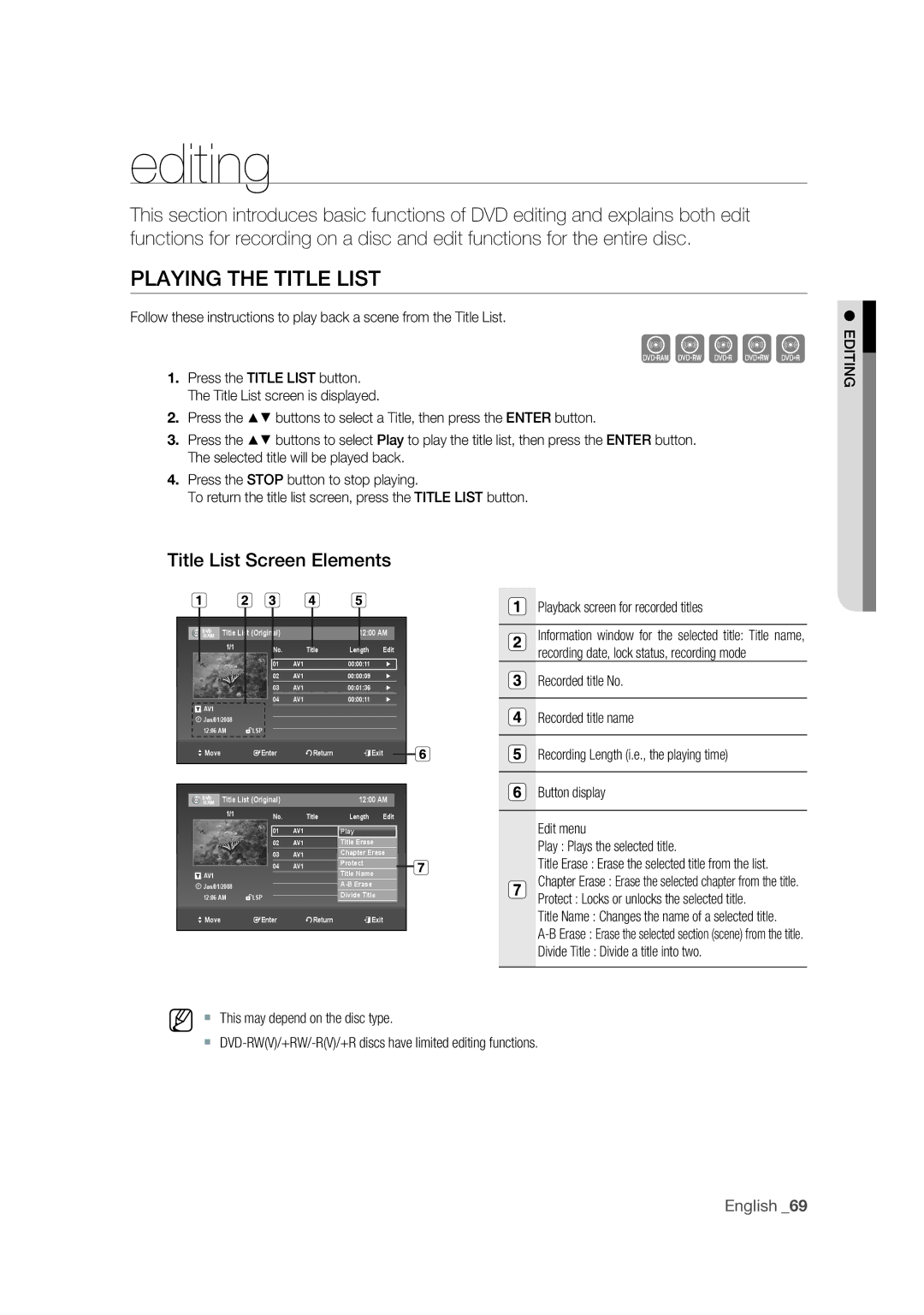 Samsung DVD-VR375 user manual Playing the Title List, Title List Screen Elements, Editing 