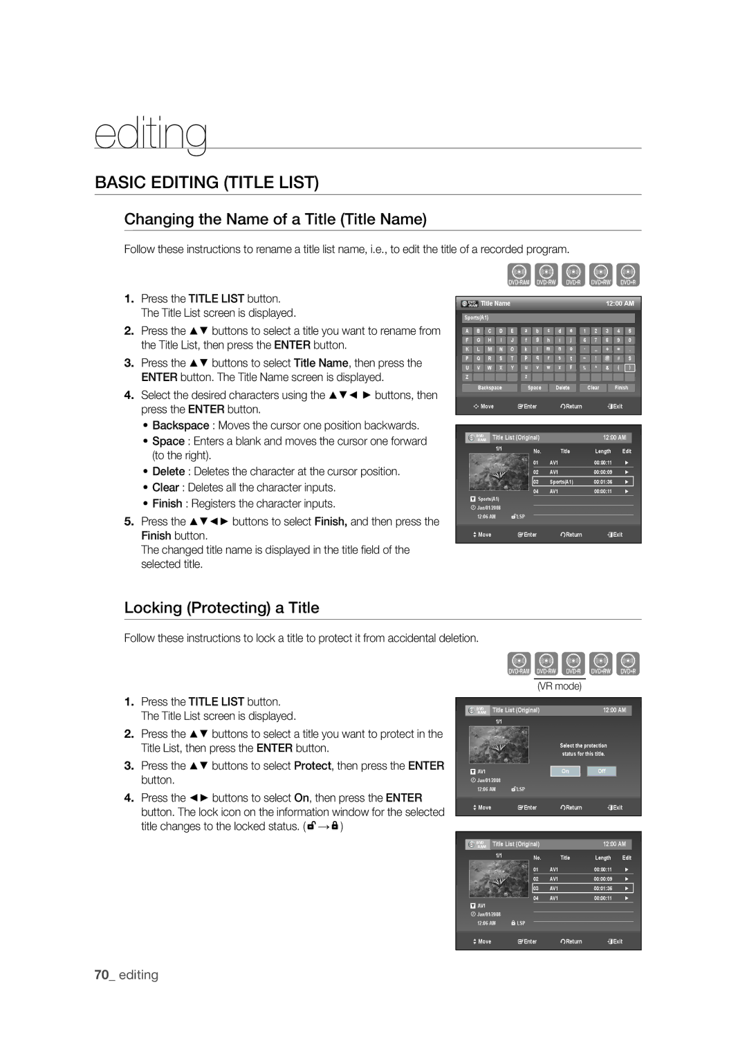 Samsung DVD-VR375 user manual Basic Editing Title List, Changing the Name of a Title Title Name, Locking Protecting a Title 