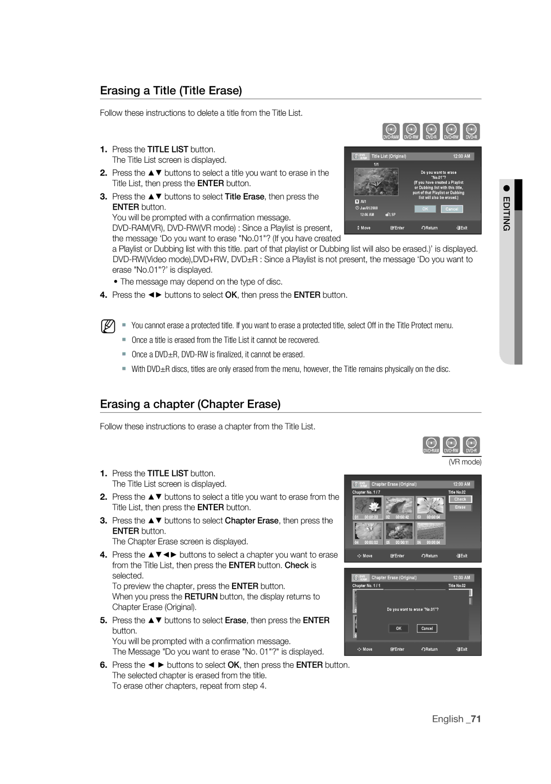 Samsung DVD-VR375 user manual Erasing a Title Title Erase, Erasing a chapter Chapter Erase 