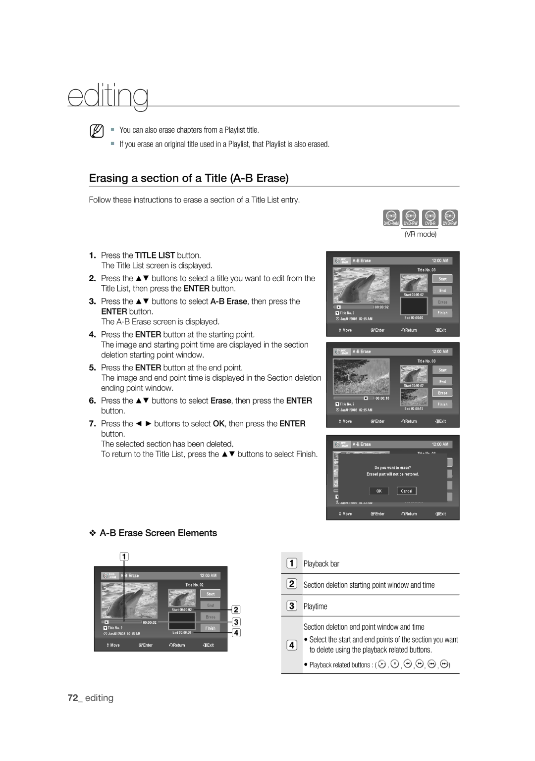 Samsung DVD-VR375 user manual Erasing a section of a Title A-B Erase 