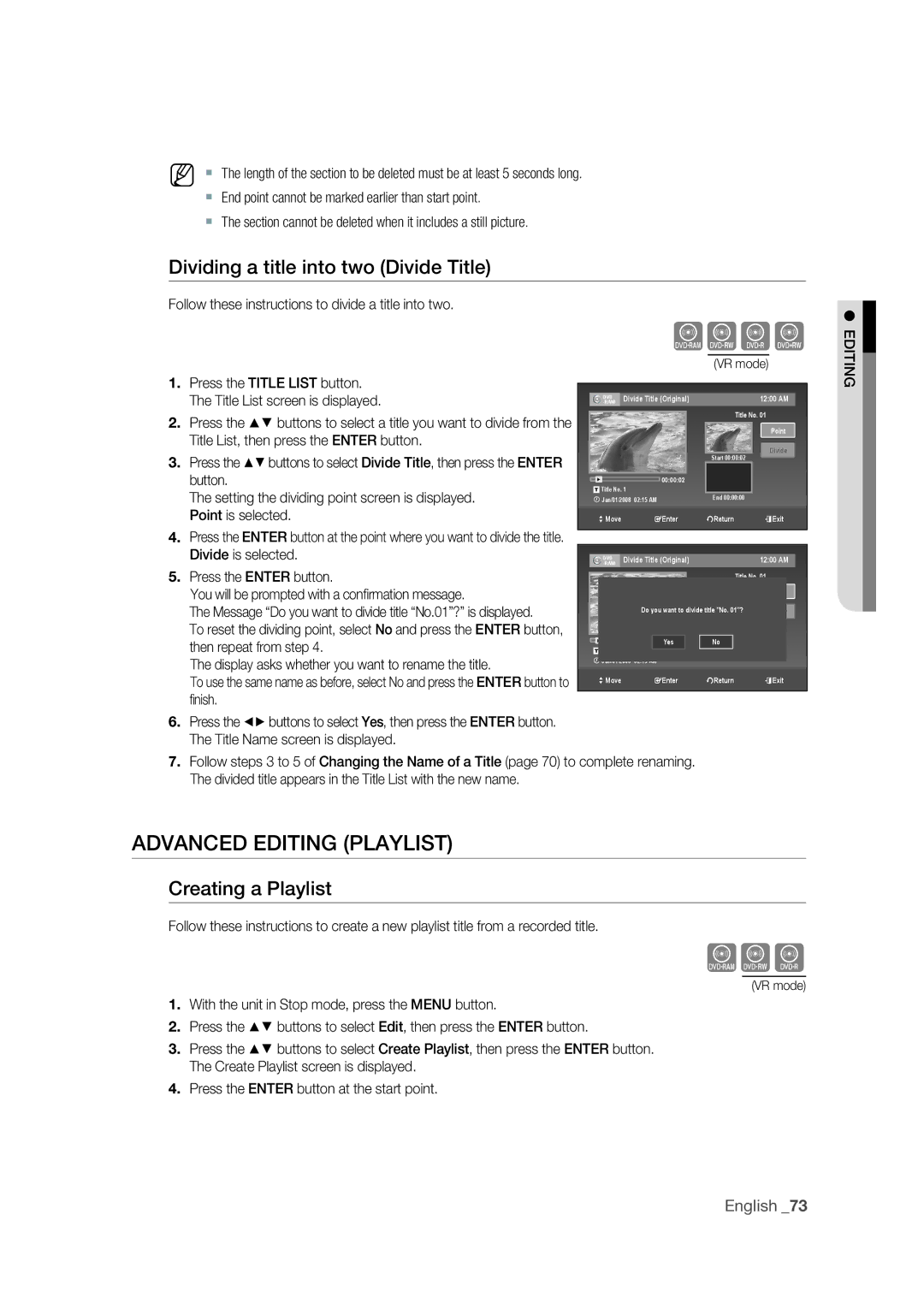 Samsung DVD-VR375 user manual Advanced Editing Playlist, Dividing a title into two Divide Title, Creating a Playlist 