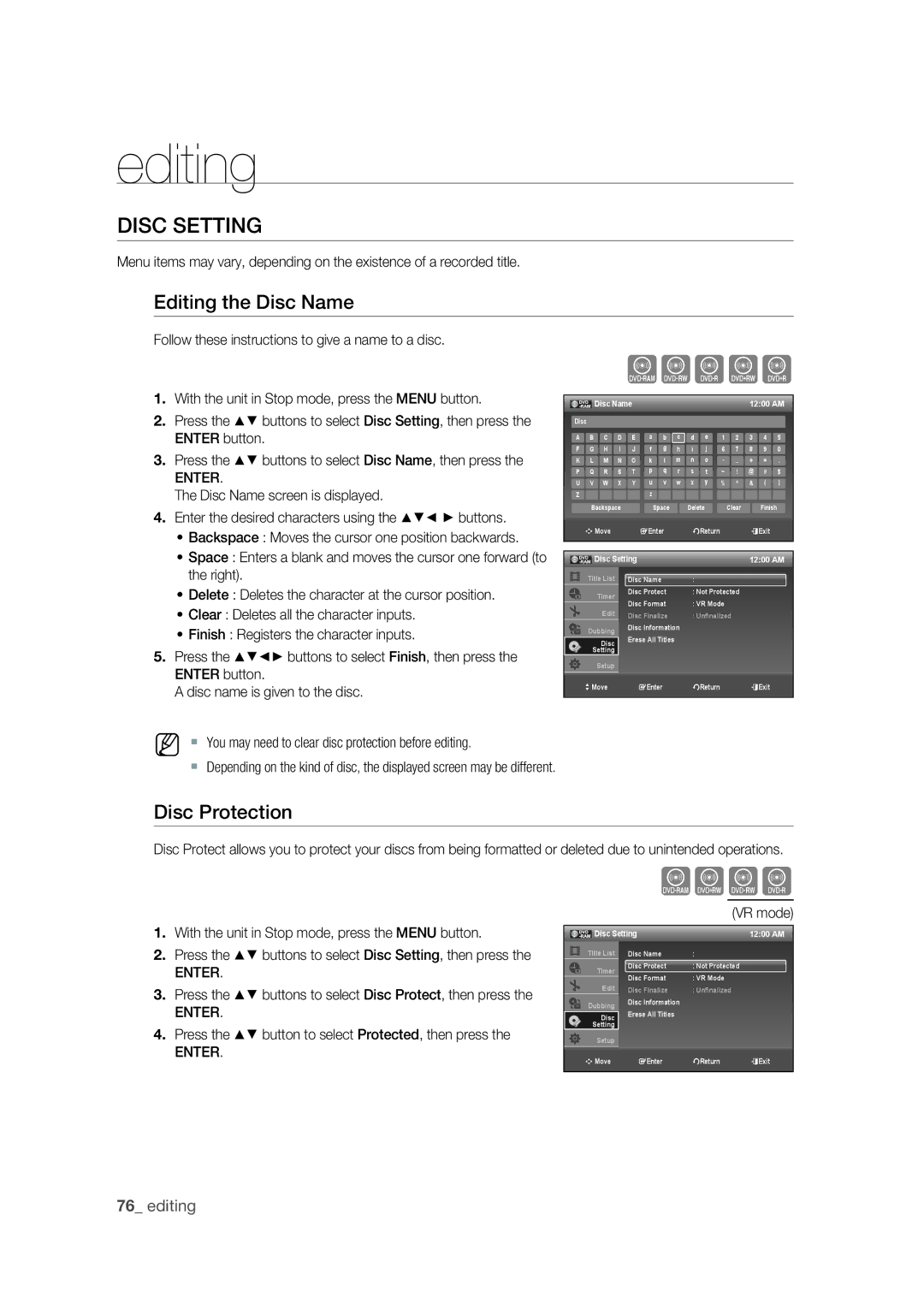 Samsung DVD-VR375 user manual Disc Setting, Editing the Disc Name, Disc Protection, Enter 