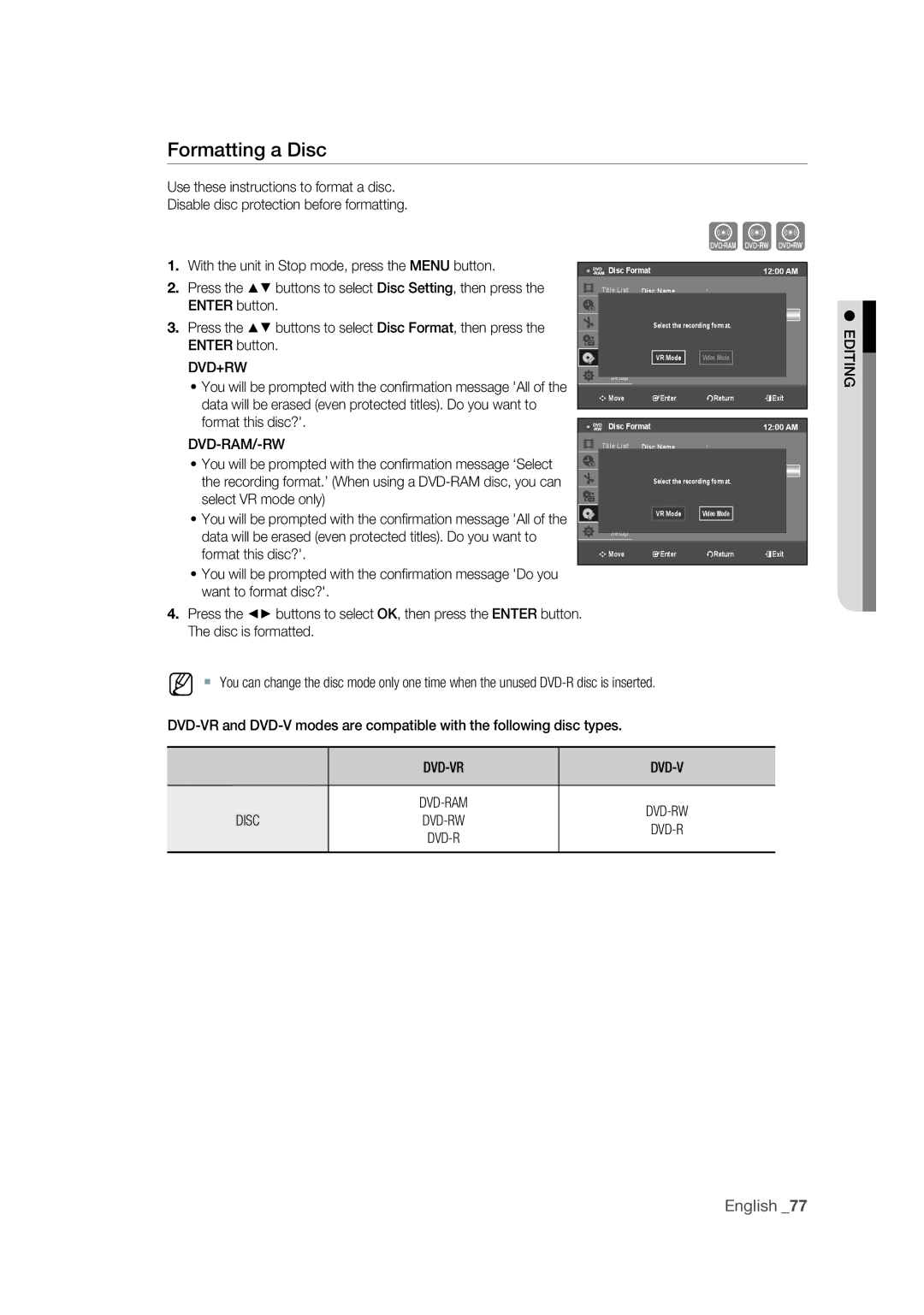 Samsung DVD-VR375 user manual Formatting a Disc, Format this disc?, Select VR mode only, Dvd-Vr 