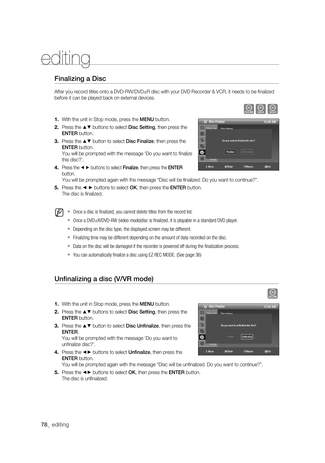 Samsung DVD-VR375 user manual Finalizing a Disc, Unﬁnalizing a disc V/VR mode 