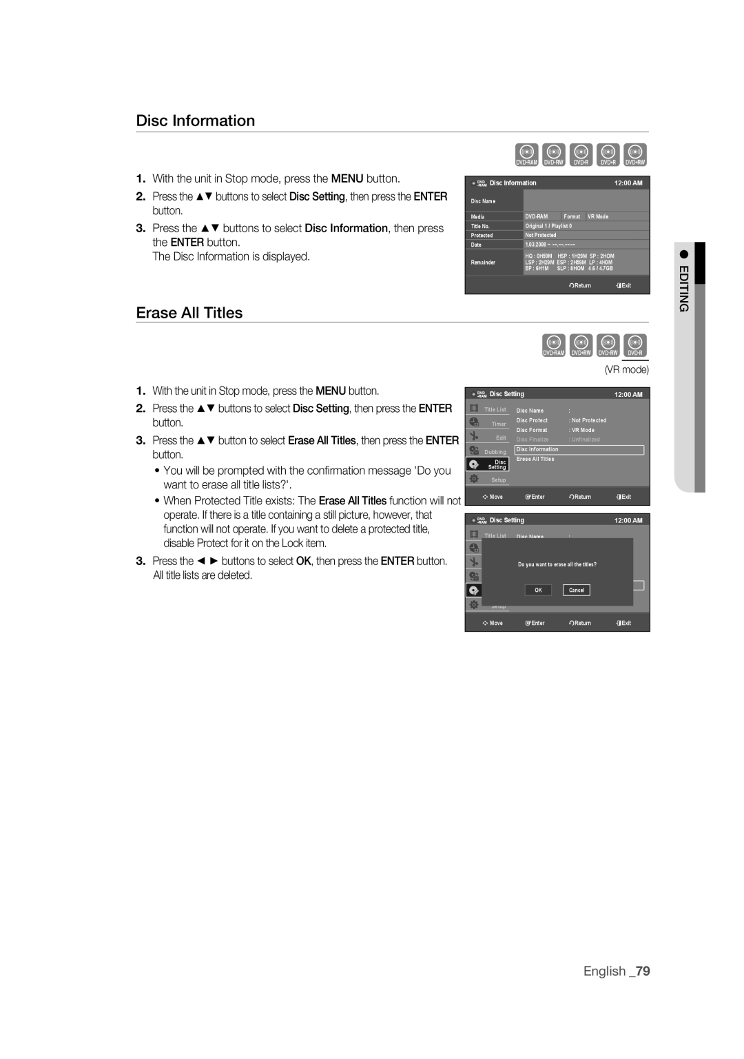 Samsung DVD-VR375 user manual Erase All Titles, Disc Information 1200 AM 