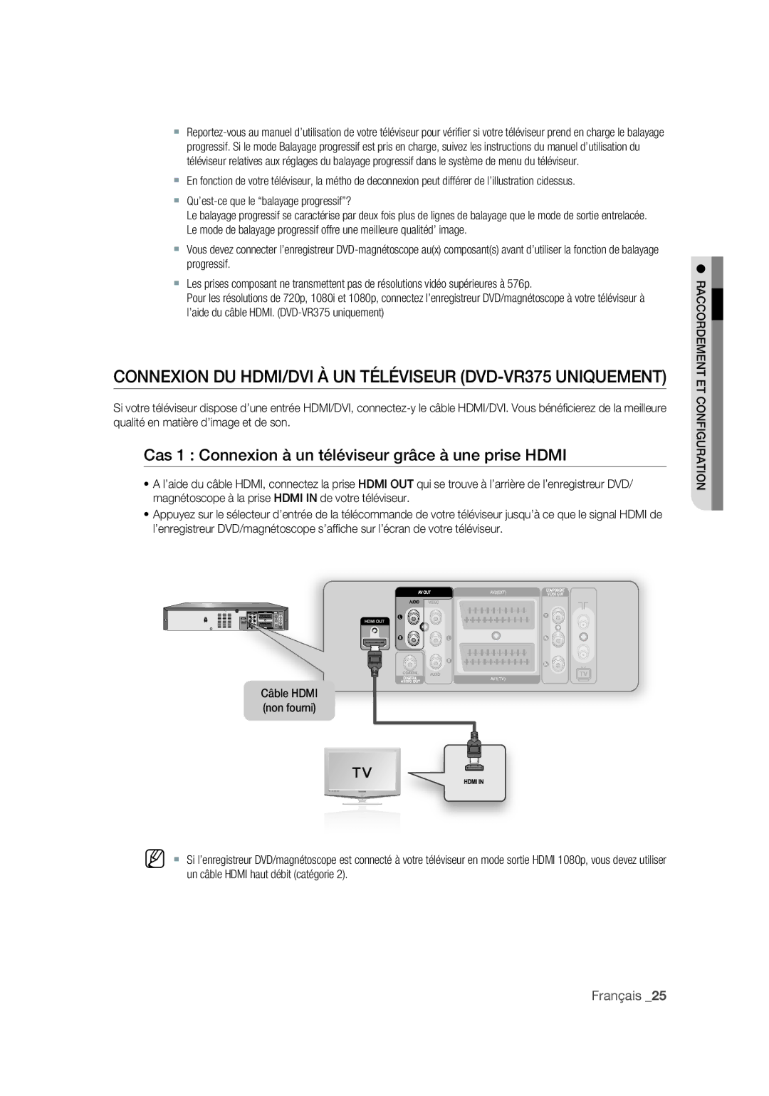 Samsung DVD-VR375A/XEF Connexion DU HDMI/DVI À UN Téléviseur DVD-VR375 Uniquement,  Qu’est-ce que le balayage progressif? 