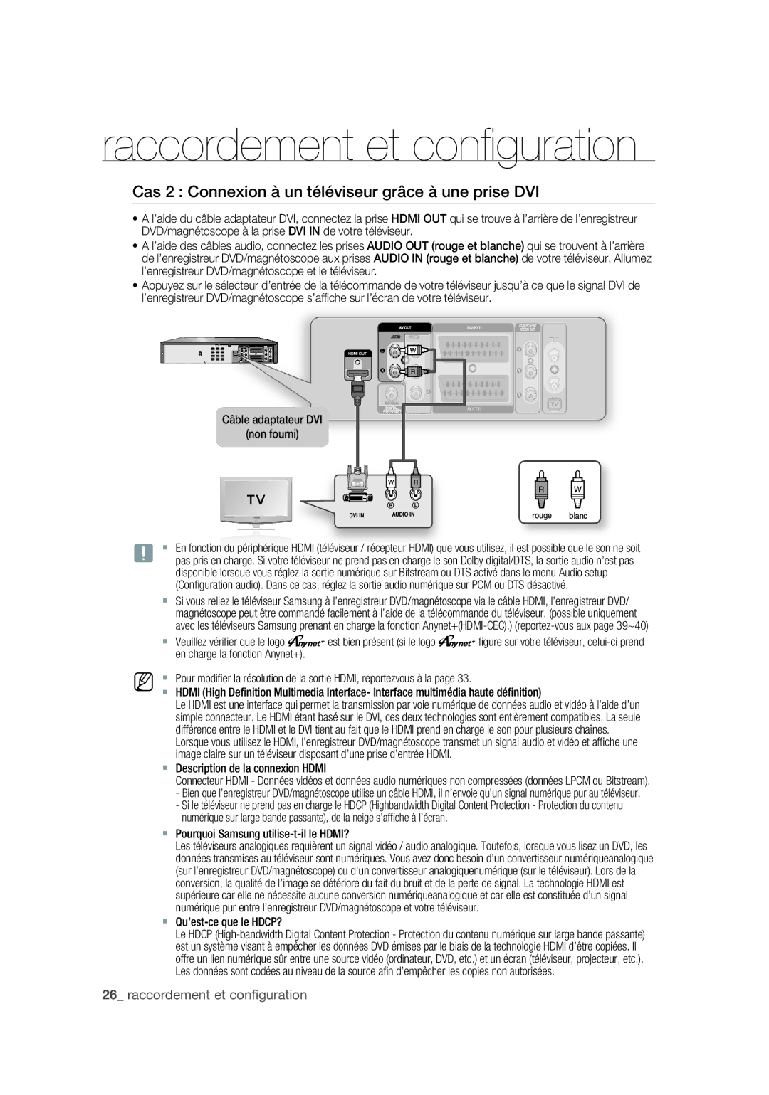 Samsung DVD-VR375A/XEF manual Cas 2 Connexion à un téléviseur grâce à une prise DVI, Câble adaptateur DVI Non fourni 