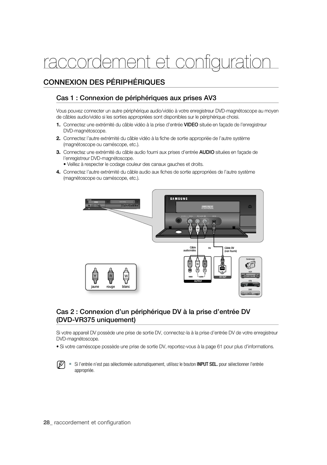 Samsung DVD-VR375A/XEF manual Connexion DES Périphériques, Cas 1 Connexion de périphériques aux prises AV3 