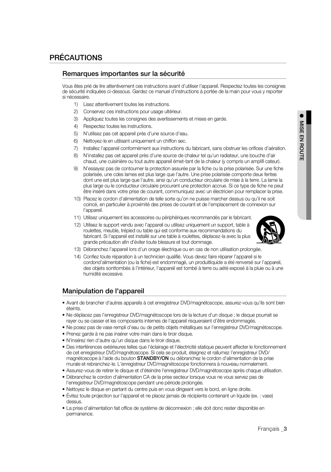 Samsung DVD-VR375A/XEF manual Précautions, Remarques importantes sur la sécurité, Manipulation de lappareil, Mise EN Route 