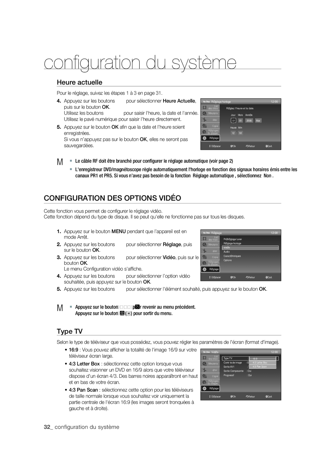 Samsung DVD-VR375A/XEF manual Configuration DES Options Vidéo, Heure actuelle, Type TV 