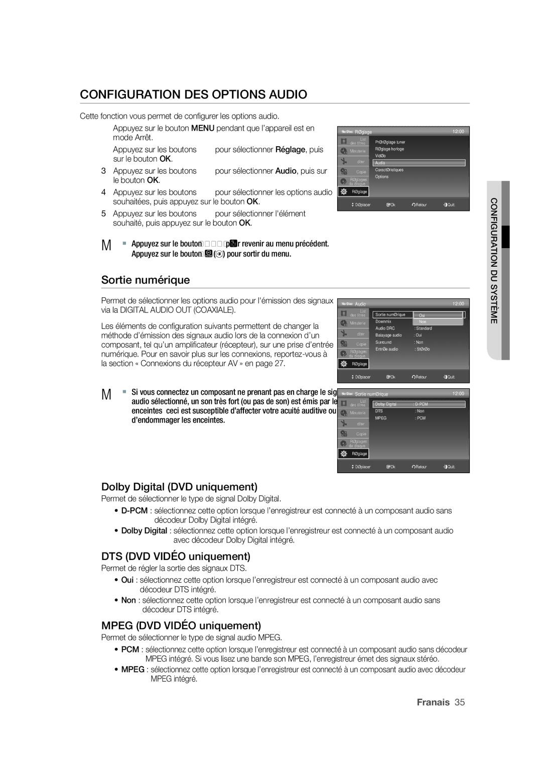 Samsung DVD-VR375A/XEF manual Configuration DES Options Audio, Sortie numérique, Dolby Digital DVD uniquement 