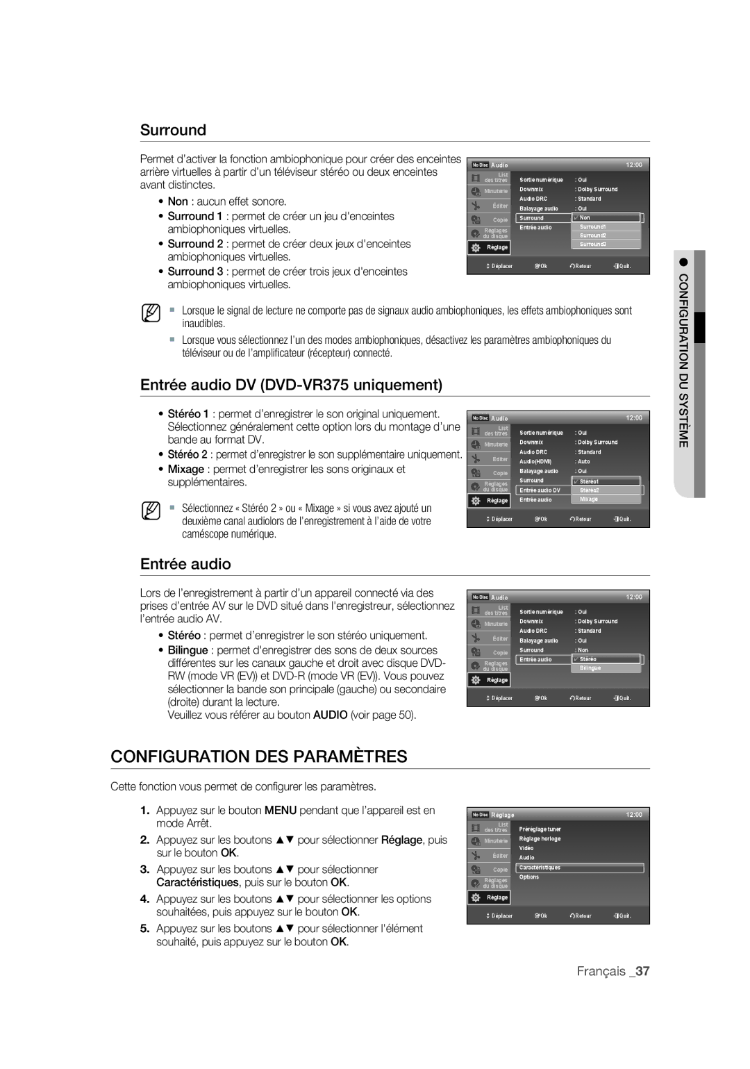 Samsung DVD-VR375A/XEF manual Configuration DES Paramètres, Entrée audio 