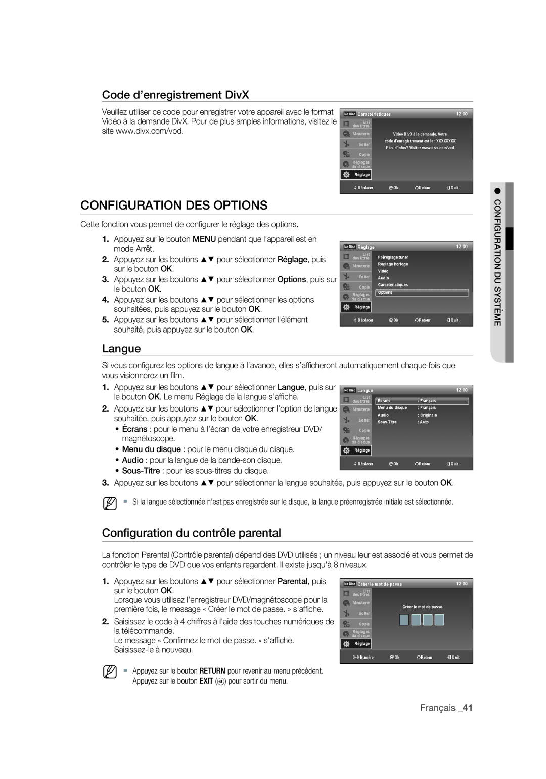 Samsung DVD-VR375A/XEF Configuration DES Options, Code d’enregistrement DivX, Langue, Conﬁguration du contrôle parental 