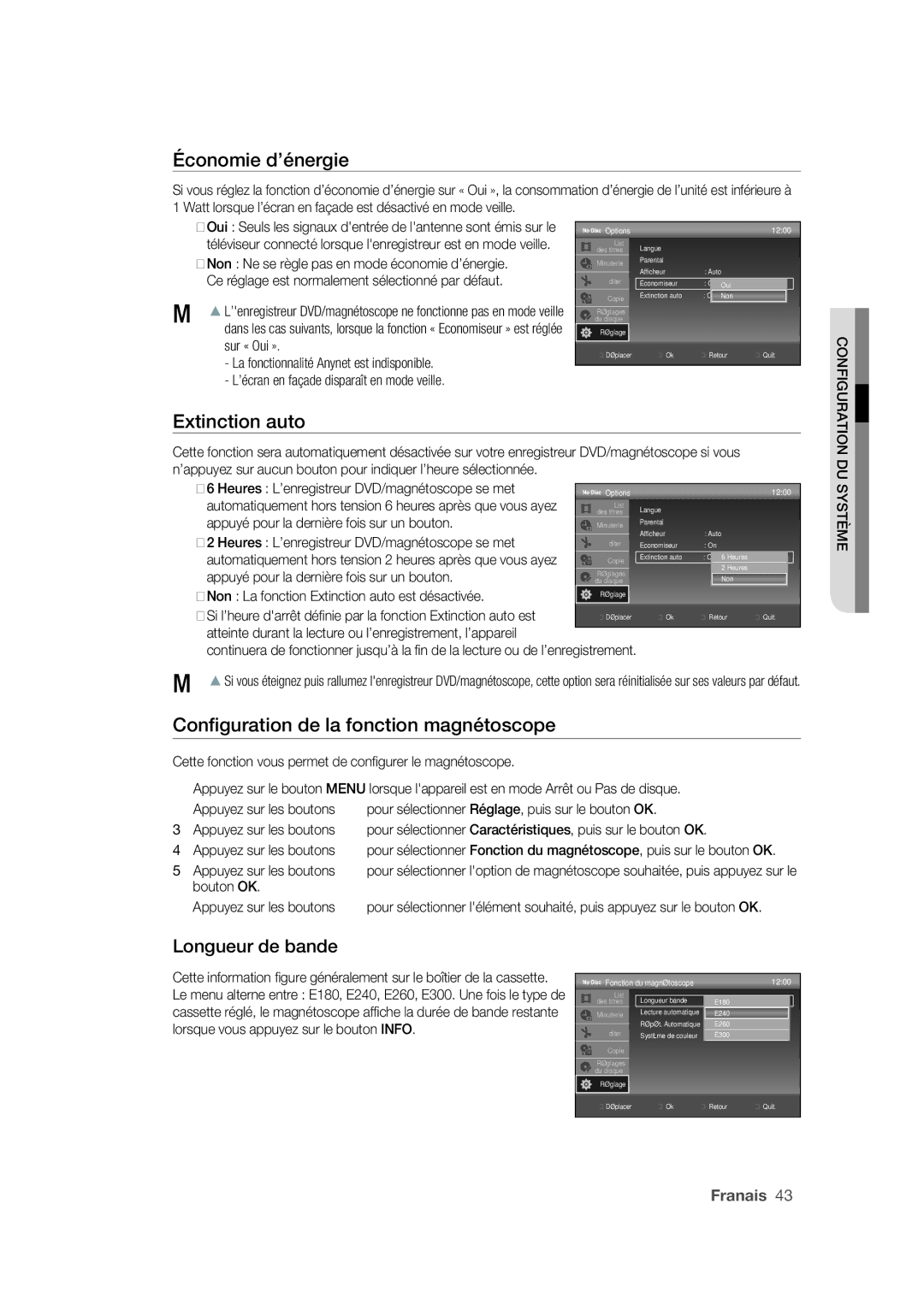 Samsung DVD-VR375A/XEF manual Économie d’énergie, Conﬁguration de la fonction magnétoscope, Longueur de bande 