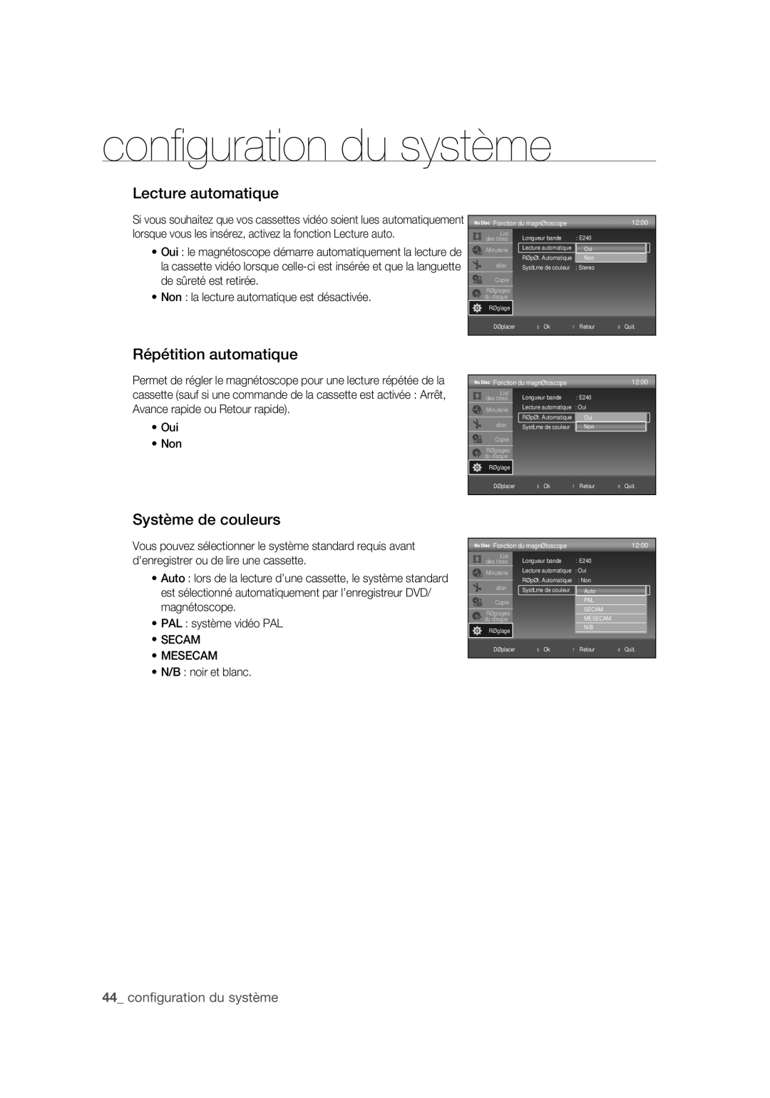 Samsung DVD-VR375A/XEF Lecture automatique, Répétition automatique, Système de couleurs, Secam Mesecam, Noir et blanc 