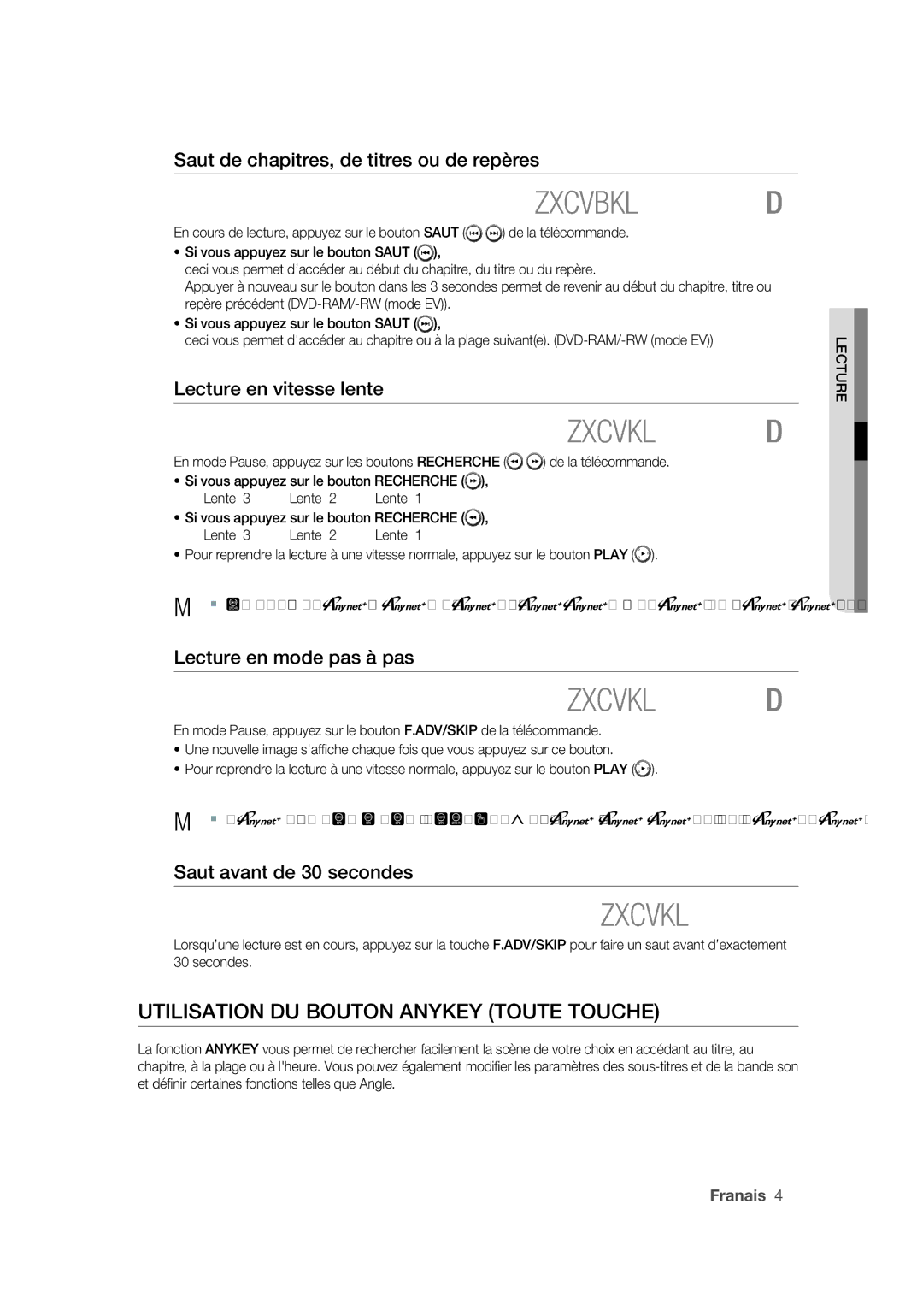 Samsung DVD-VR375A/XEF manual Zxcvkld, Utilisation DU Bouton Anykey Toute Touche 