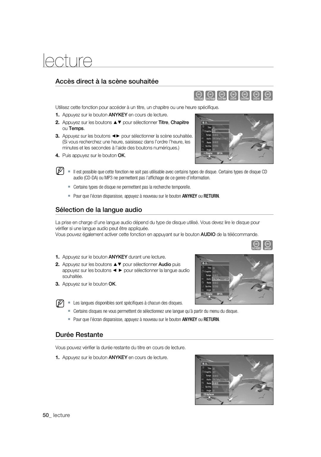 Samsung DVD-VR375A/XEF manual Accès direct à la scène souhaitée, Sélection de la langue audio, Durée Restante 