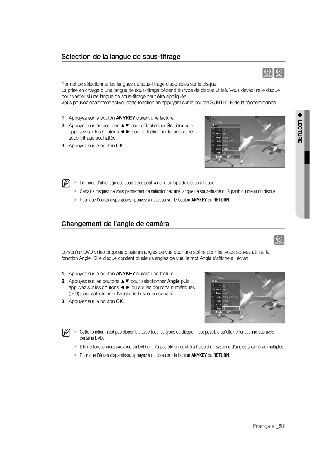 Samsung DVD-VR375A/XEF manual Sélection de la langue de sous-titrage, Changement de l’angle de caméra 