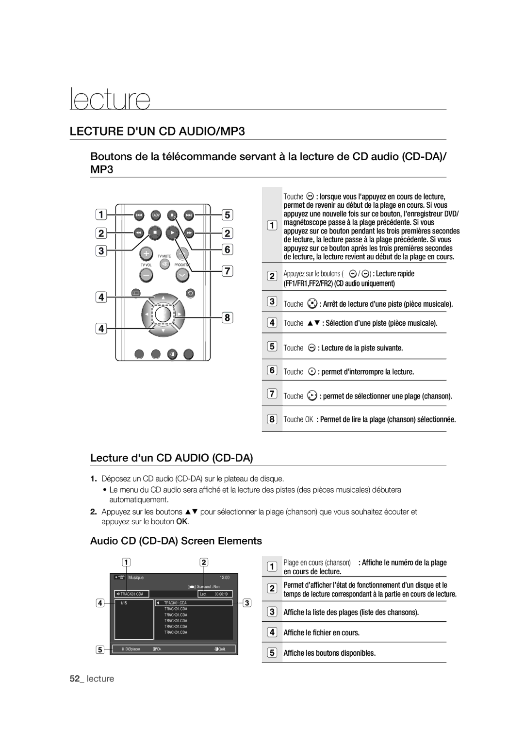 Samsung DVD-VR375A/XEF manual Lecture DUN CD AUDIO/MP3, Lecture dun CD Audio CD-DA, Audio CD CD-DA Screen Elements 