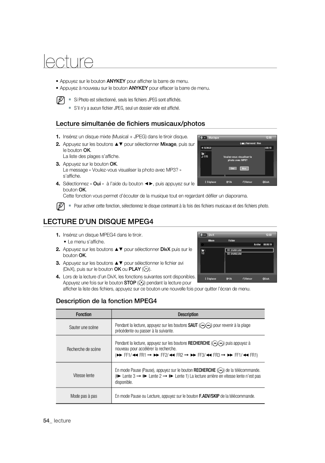 Samsung DVD-VR375A/XEF manual Lecture D’UN Disque MPEG4, Lecture simultanée de ﬁchiers musicaux/photos 