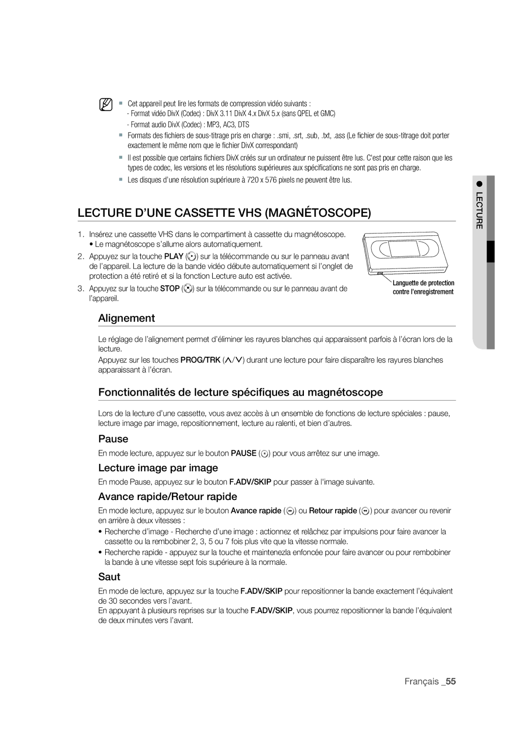 Samsung DVD-VR375A/XEF manual Lecture D’UNE Cassette VHS Magnétoscope 