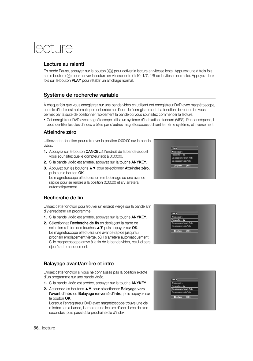 Samsung DVD-VR375A/XEF manual Lecture au ralenti, Système de recherche variable, Atteindre zéro, Recherche de ﬁn 