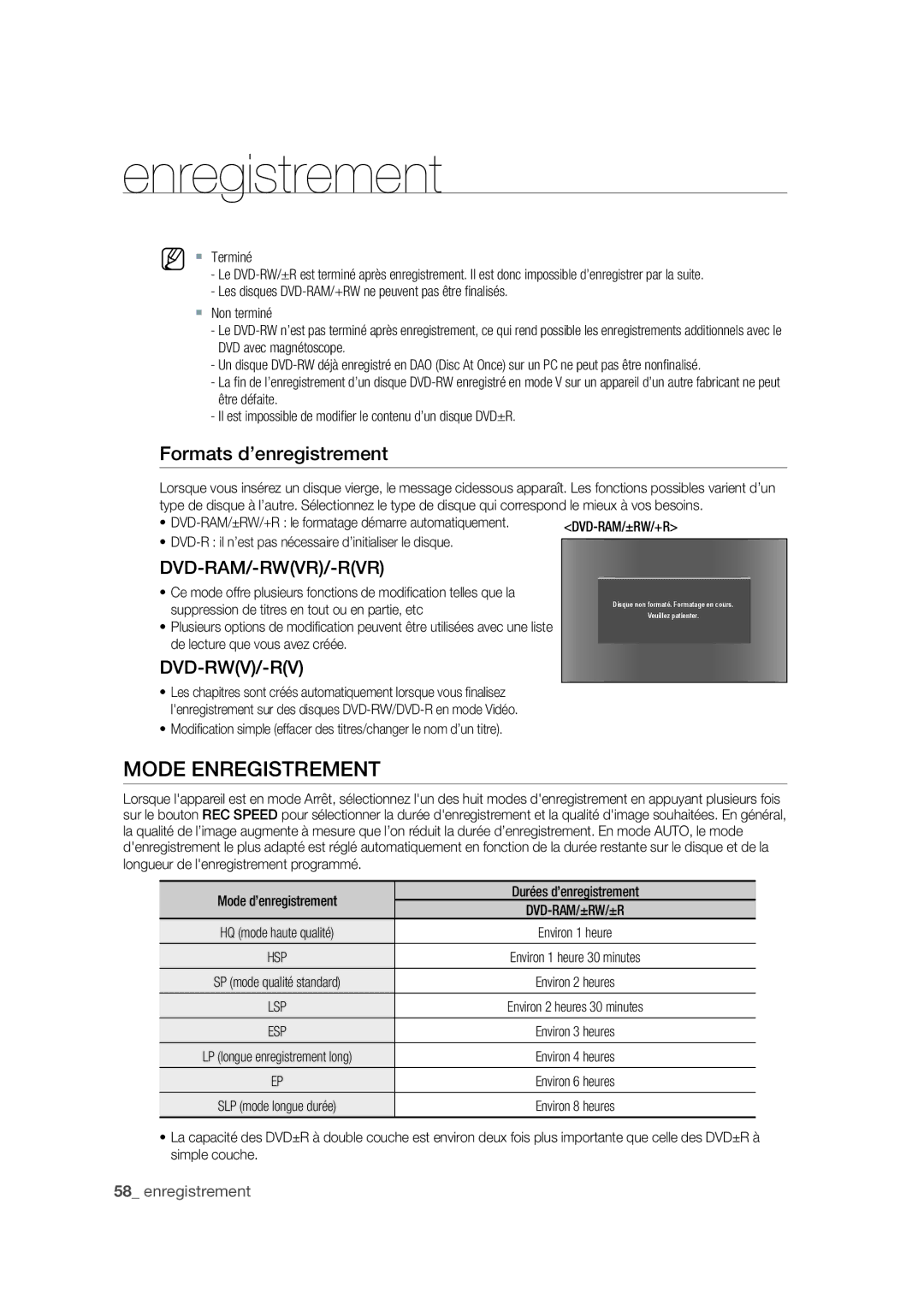 Samsung DVD-VR375A/XEF manual Mode Enregistrement, Formats d’enregistrement, Dvd-Ram/±Rw/+R 