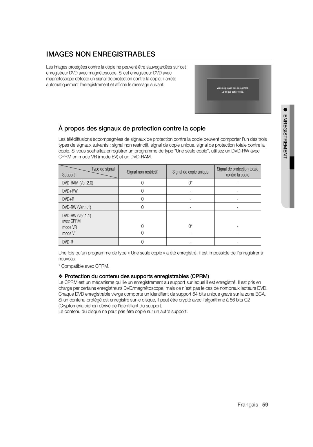 Samsung DVD-VR375A/XEF manual Images NON Enregistrables, Propos des signaux de protection contre la copie, Dvd-R 