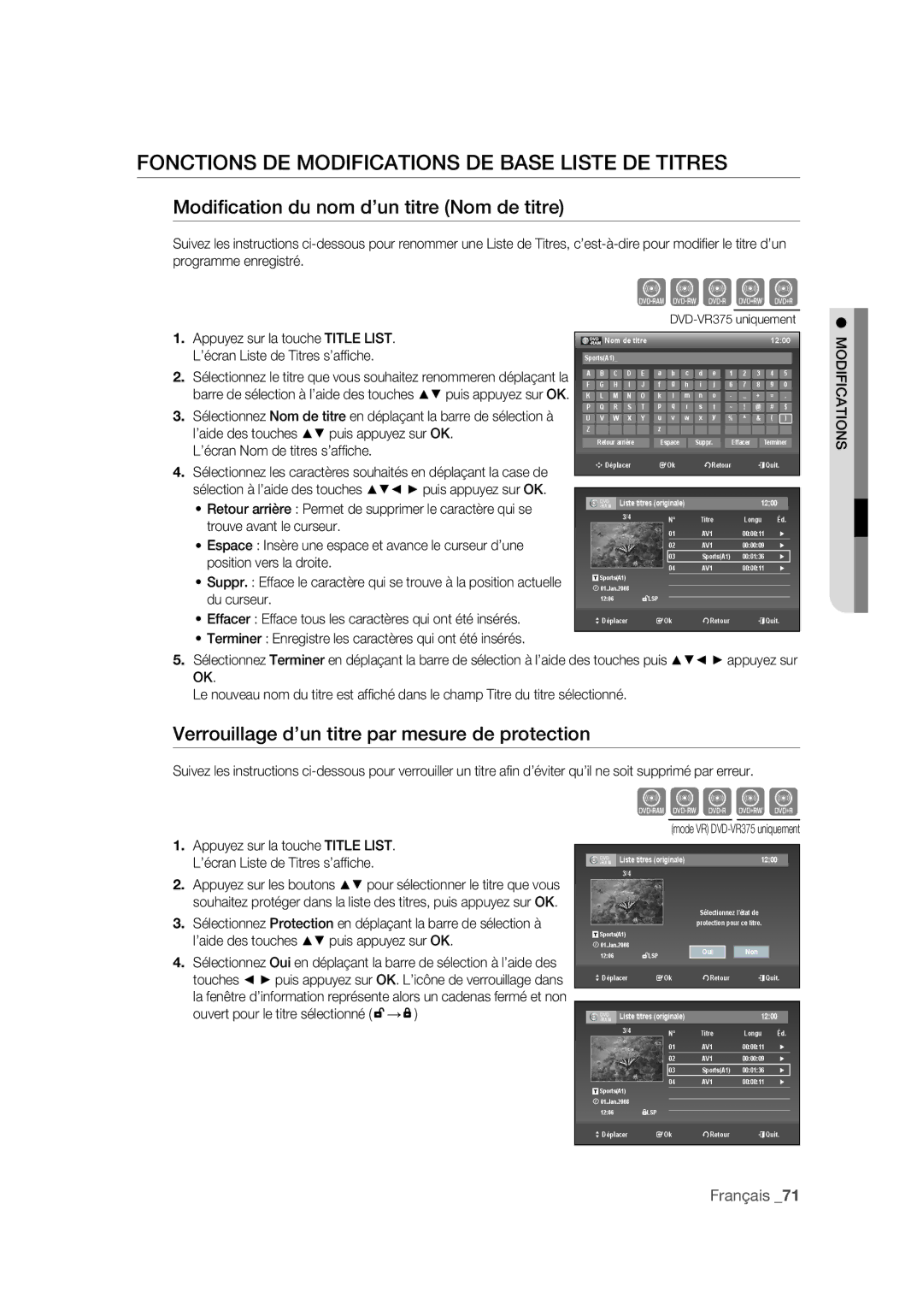 Samsung DVD-VR375A/XEF Fonctions DE Modifications DE Base Liste DE Titres, Modiﬁcation du nom d’un titre Nom de titre 