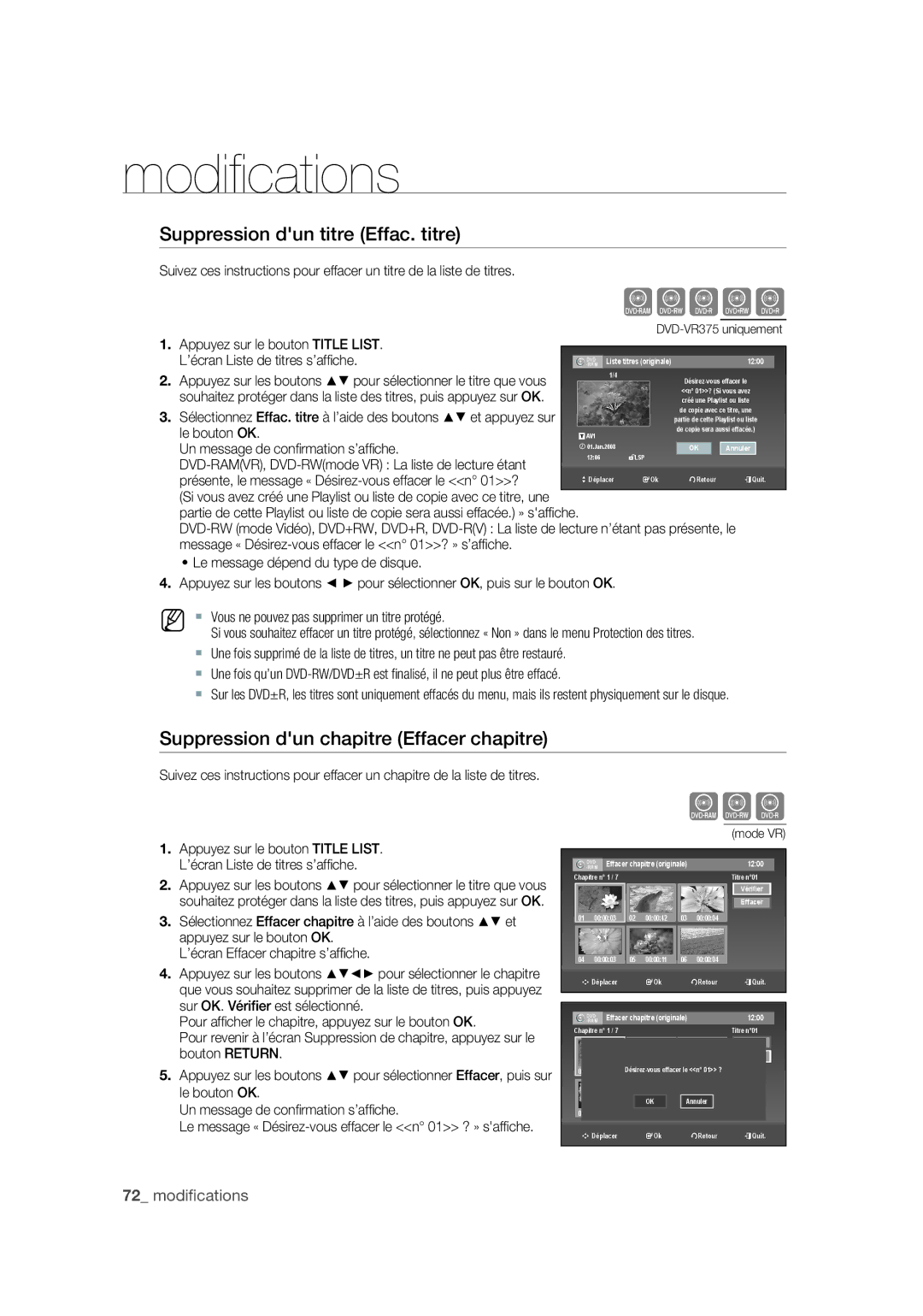 Samsung DVD-VR375A/XEF manual Suppression dun titre Effac. titre, Suppression dun chapitre Effacer chapitre 