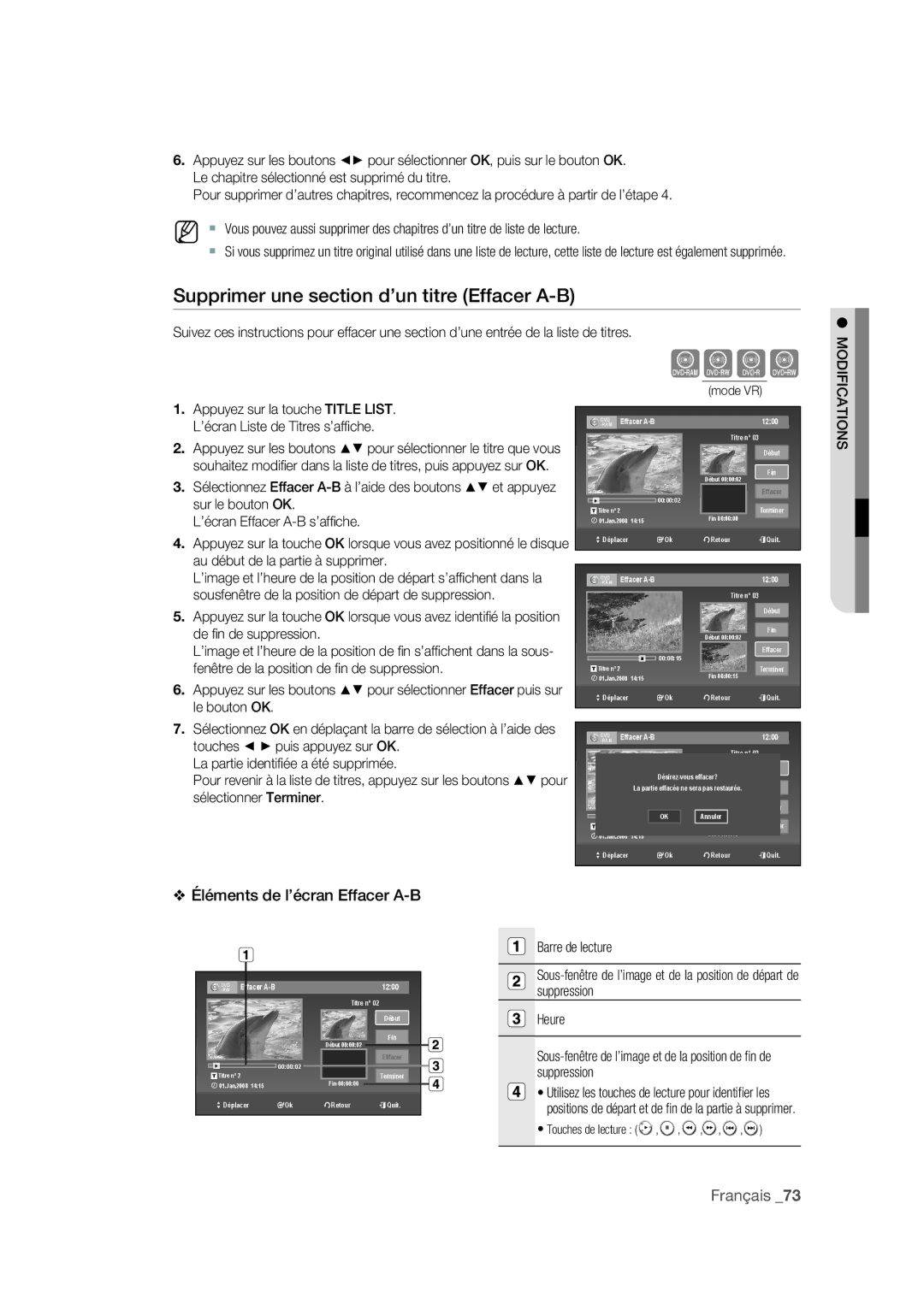 Samsung DVD-VR375A/XEF manual Xcvk, Supprimer une section d’un titre Effacer A-B 