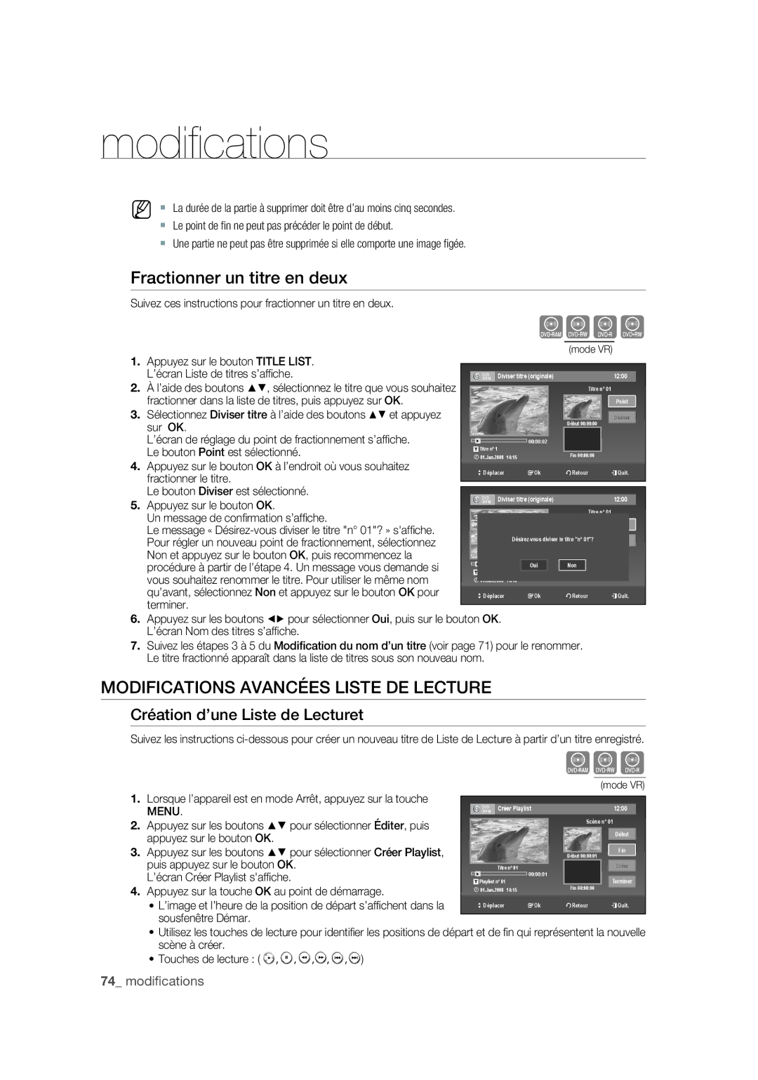 Samsung DVD-VR375A/XEF manual Xcv, Modifications Avancées Liste DE Lecture, Création d’une Liste de Lecturet, Menu 