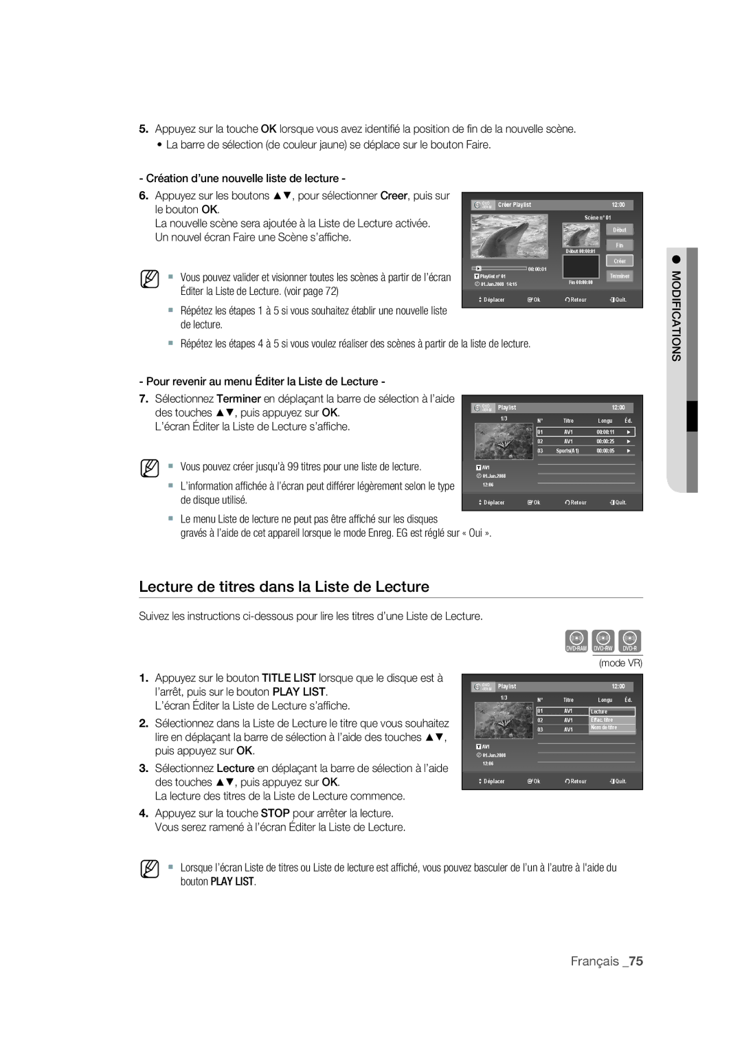 Samsung DVD-VR375A/XEF manual Lecture de titres dans la Liste de Lecture 