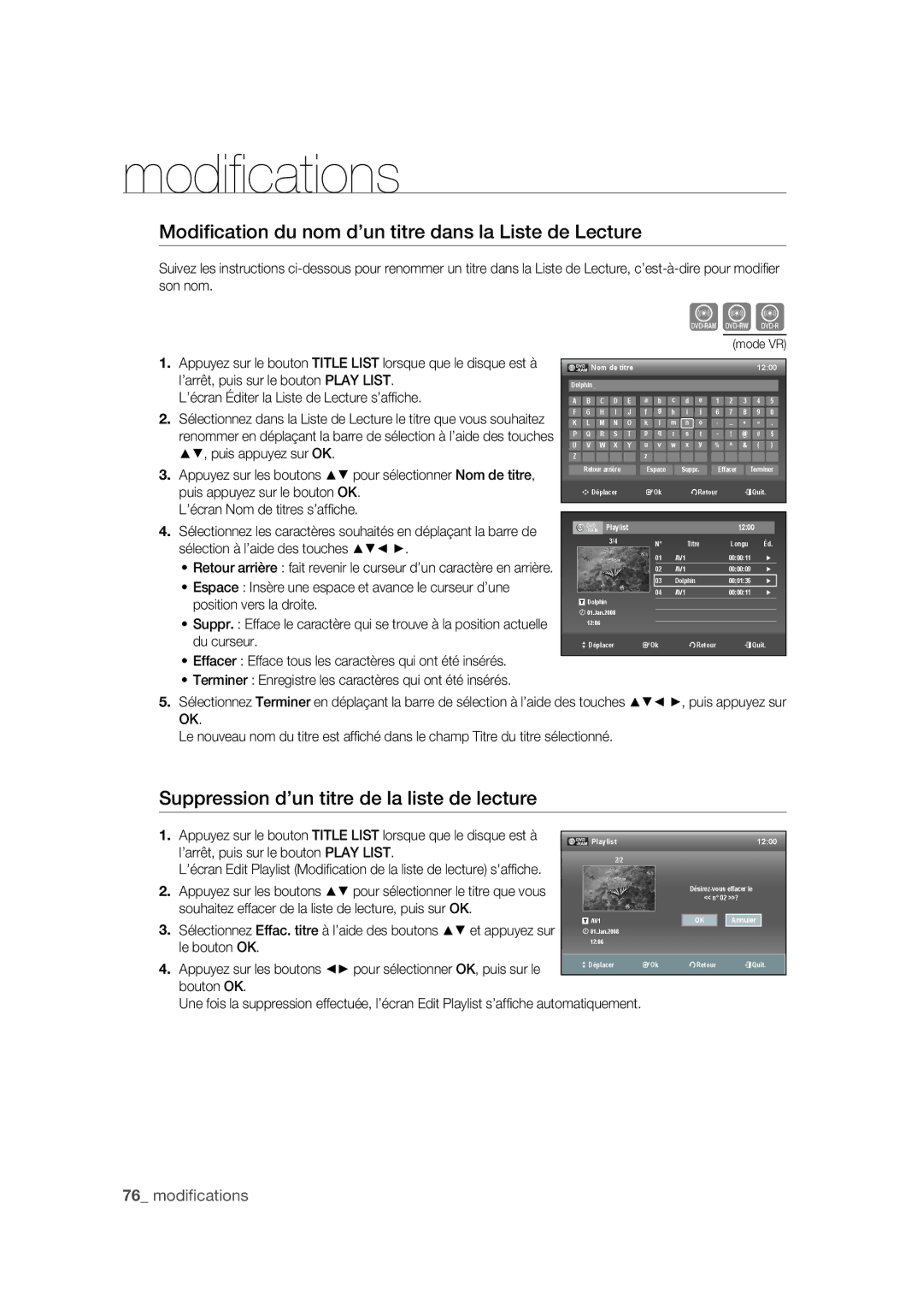 Samsung DVD-VR375A/XEF manual Modiﬁcation du nom d’un titre dans la Liste de Lecture, Puis appuyez sur le bouton OK 